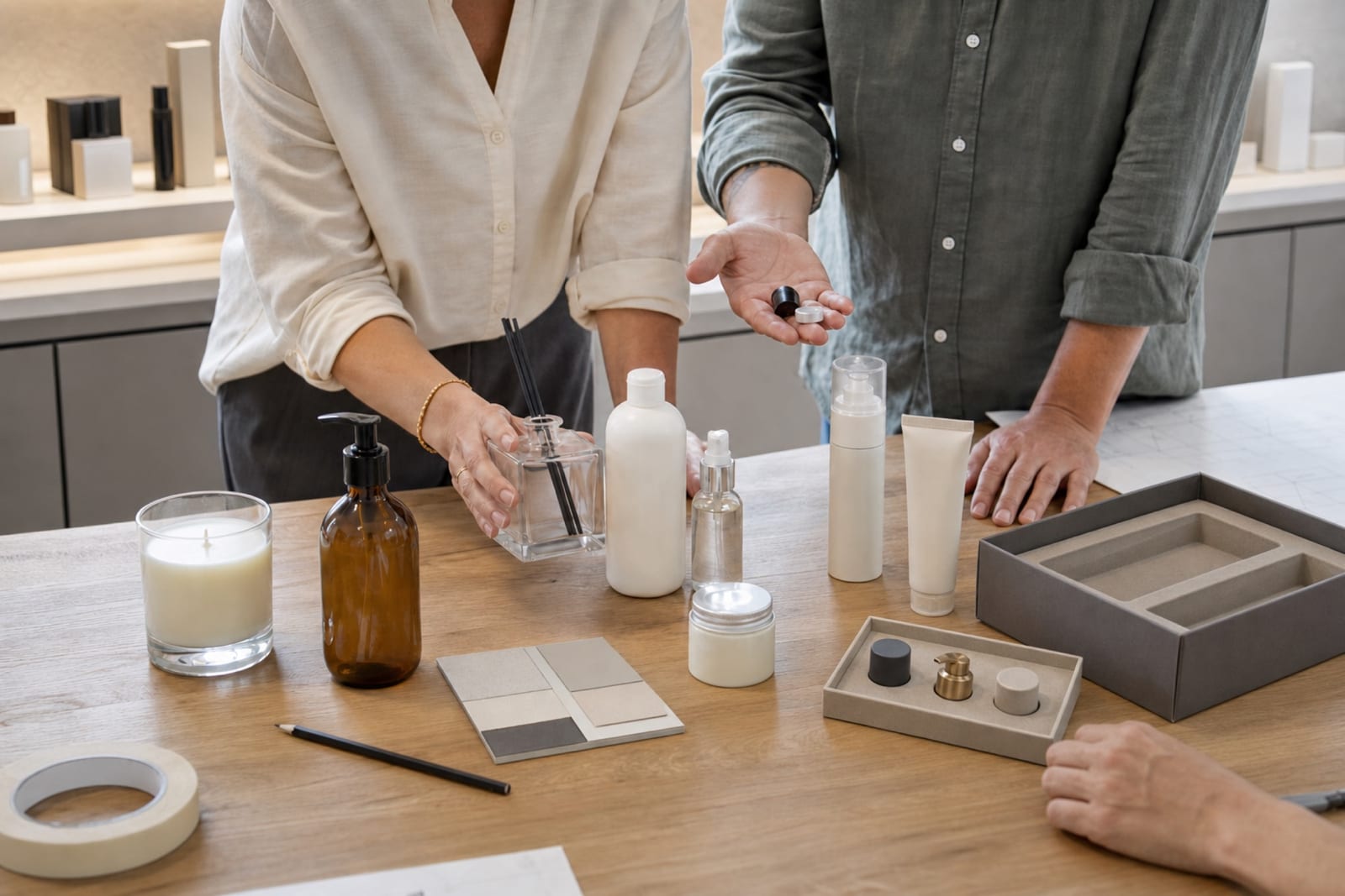 A product development team reviewing candle, diffuser, personal care packaging and material options