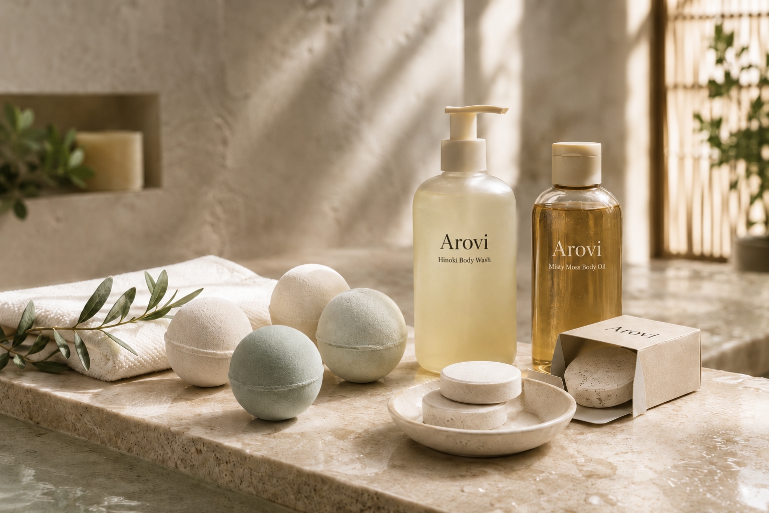 Arovi bath bombs, bath salts, body wash, body lotion, body oils, and spa products