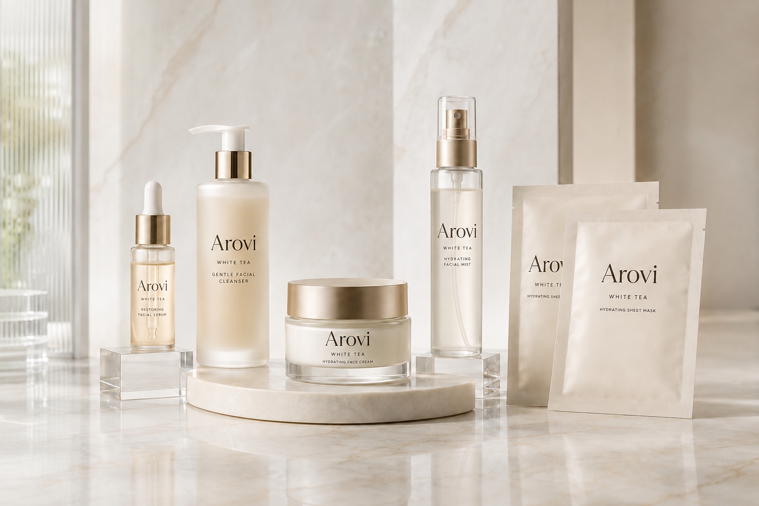 Arovi facial serum, cleanser, cream, mist, and sheet masks