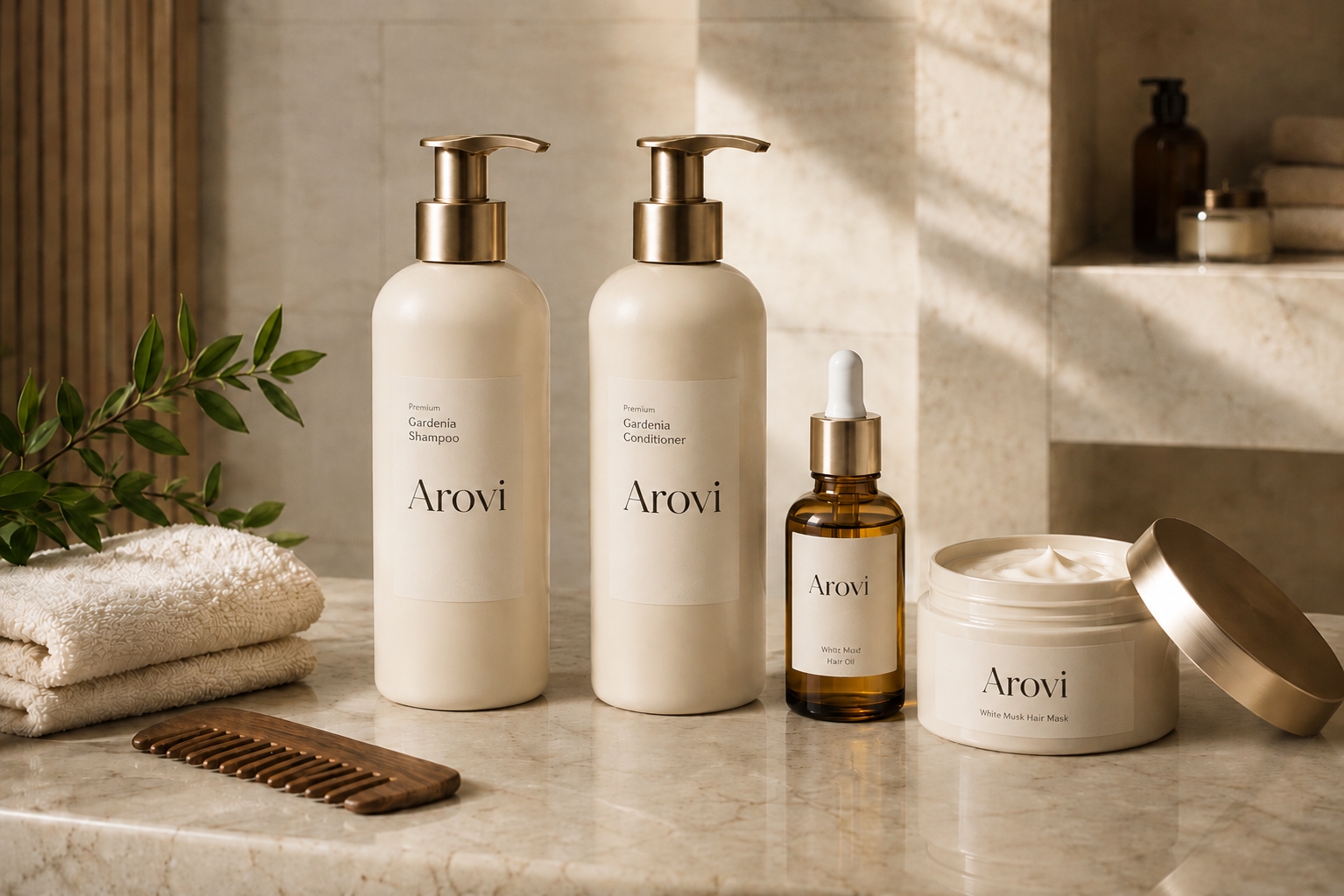 Arovi shampoo, conditioner, hair oil, and hair mask collection