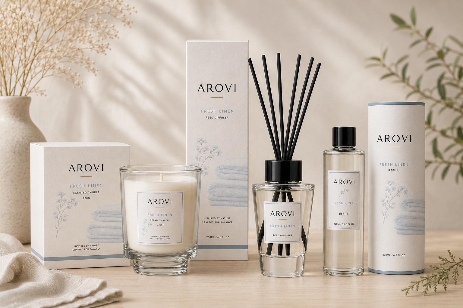 Arovi candle, reed diffuser, refill, and coordinated retail packaging