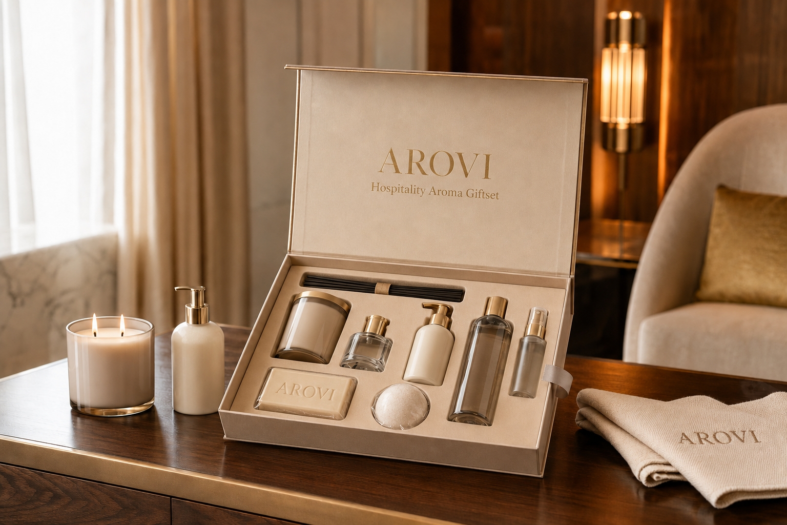 Arovi hospitality gift set with fragrance, bath, and personal care products