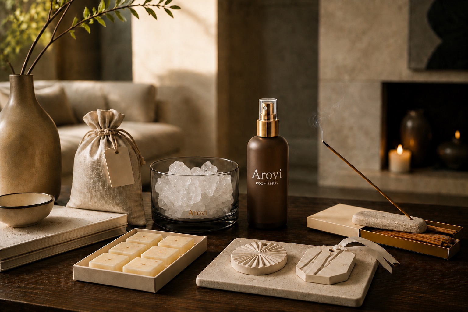 Arovi scented crystals, room spray, incense, wax melts, and decorative fragrance pieces