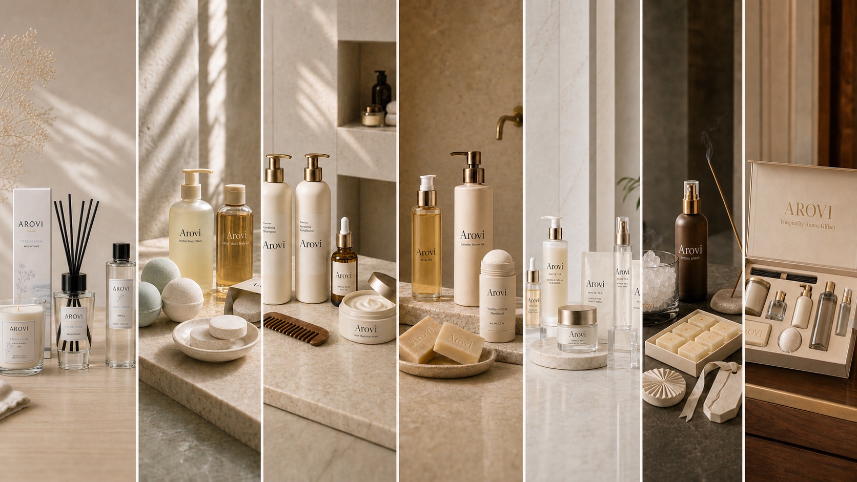 Arovi Group private-label lifestyle product categories including home fragrance, bath and body, hair care, facial care, scented decor, and gift sets