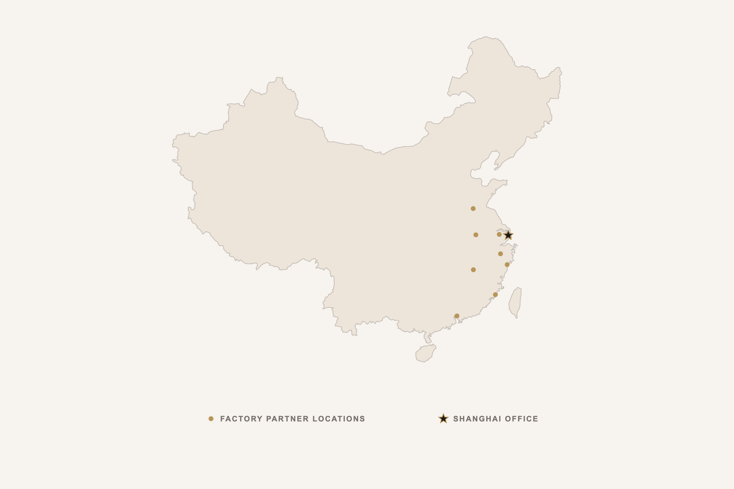China sourcing network showing factory partner locations and Arovi's Shanghai office