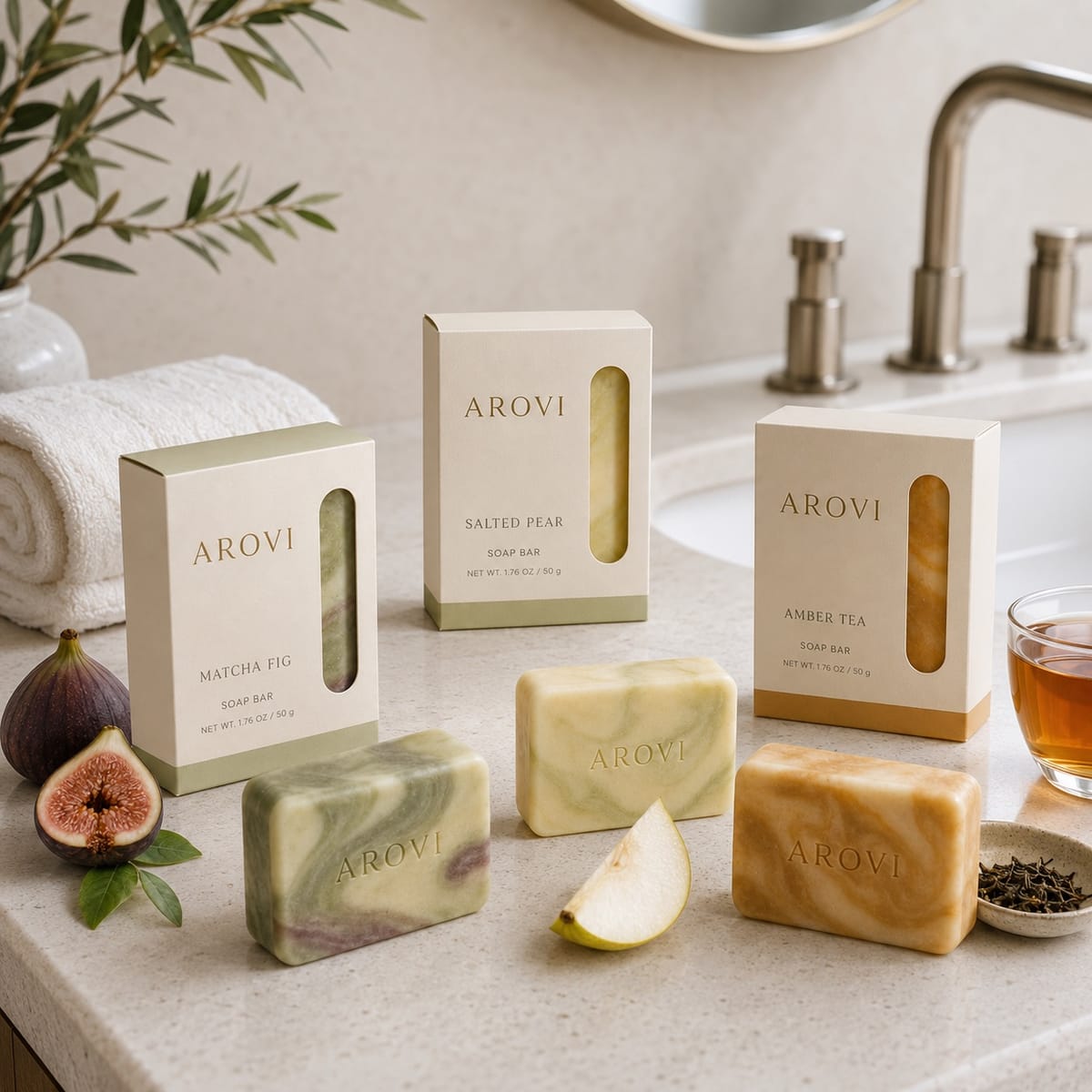 Three marbled AROVI soap bars with matching window boxes and botanical styling