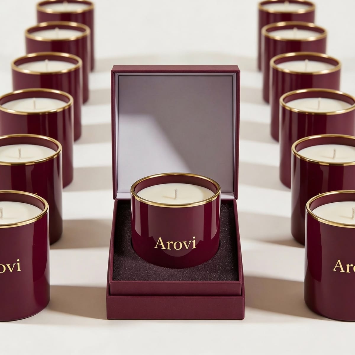 Burgundy Arovi candle in an open presentation box
