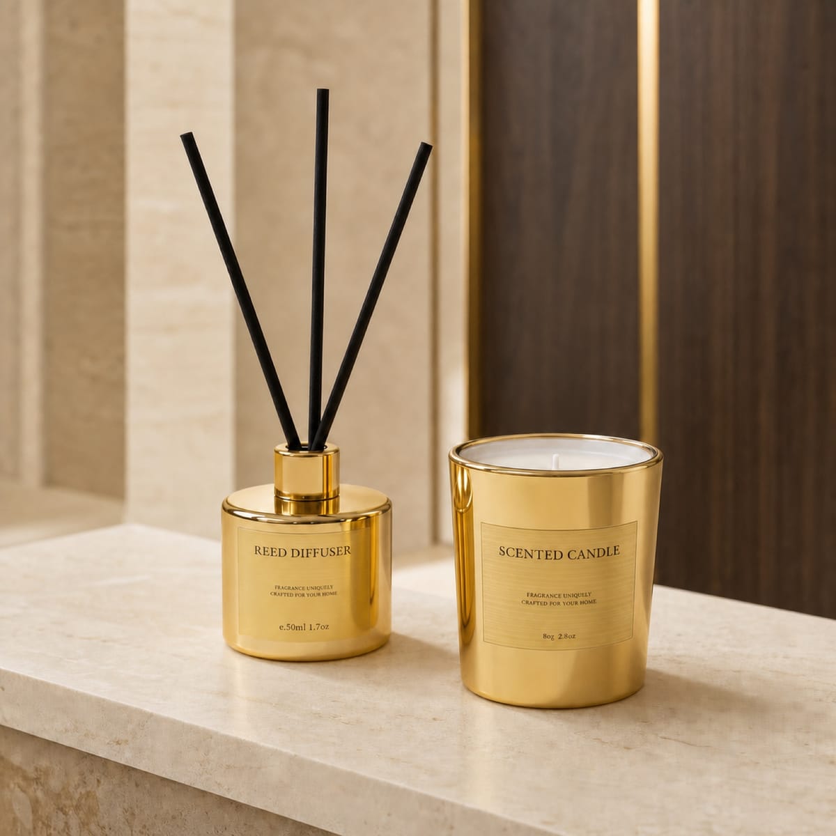 Gold-finish candle and reed diffuser displayed together