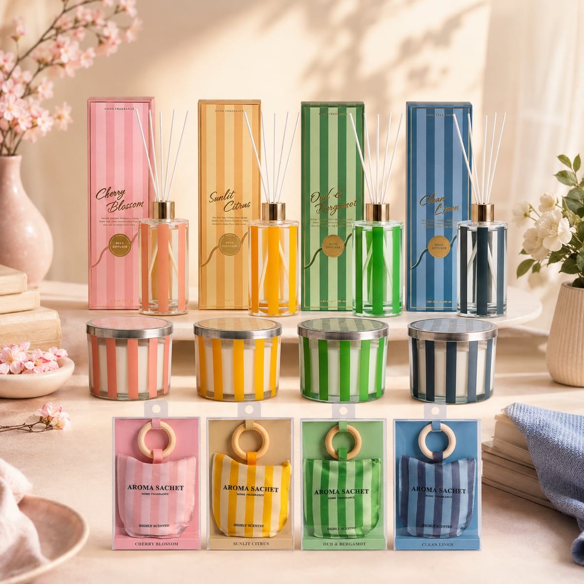 Striped Candle, Diffuser and Aroma Sachet Gift Set product presentation