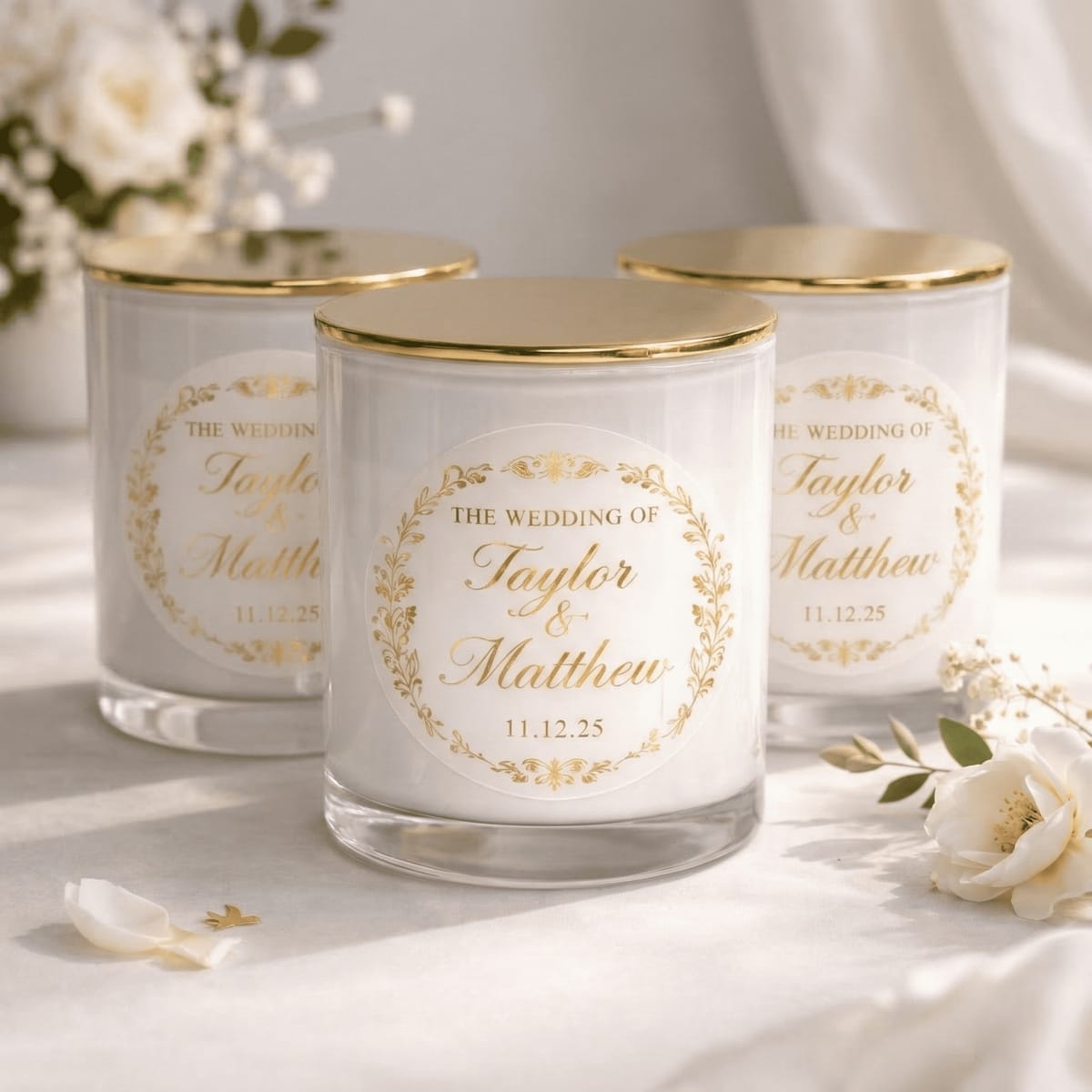 Wedding-labeled glass candles with gold-color lids