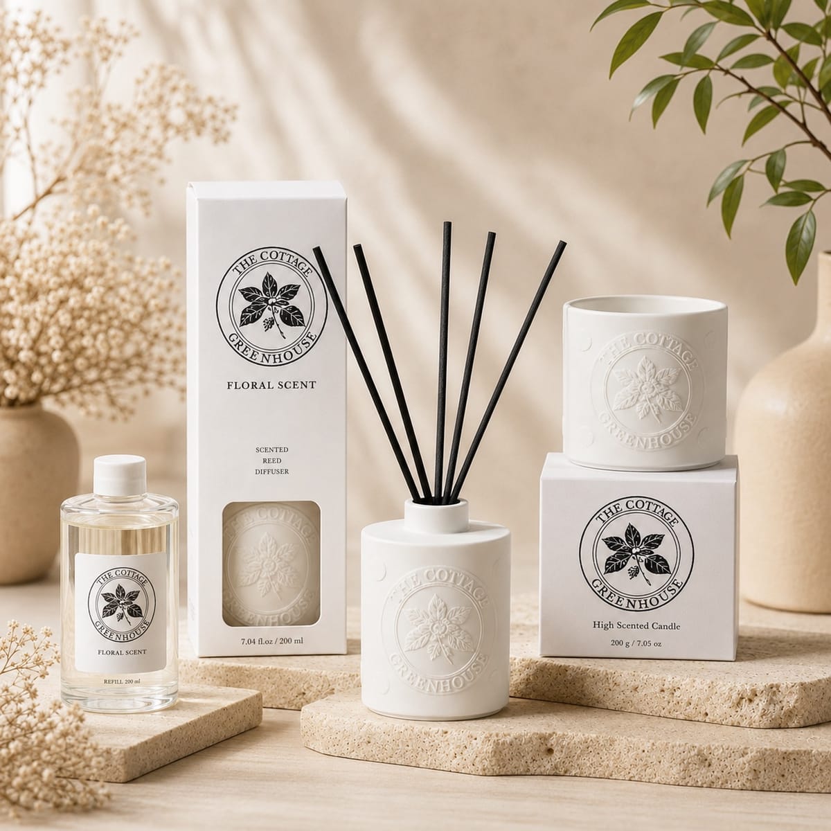 White Embossed Candle and Diffuser Gift Set product presentation