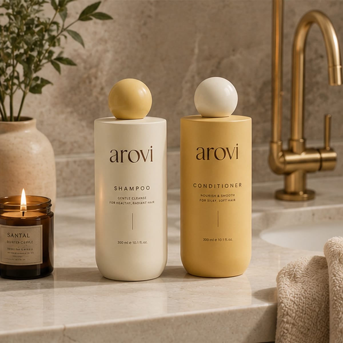 Ivory shampoo and warm yellow conditioner bottles in a contemporary bathroom setting