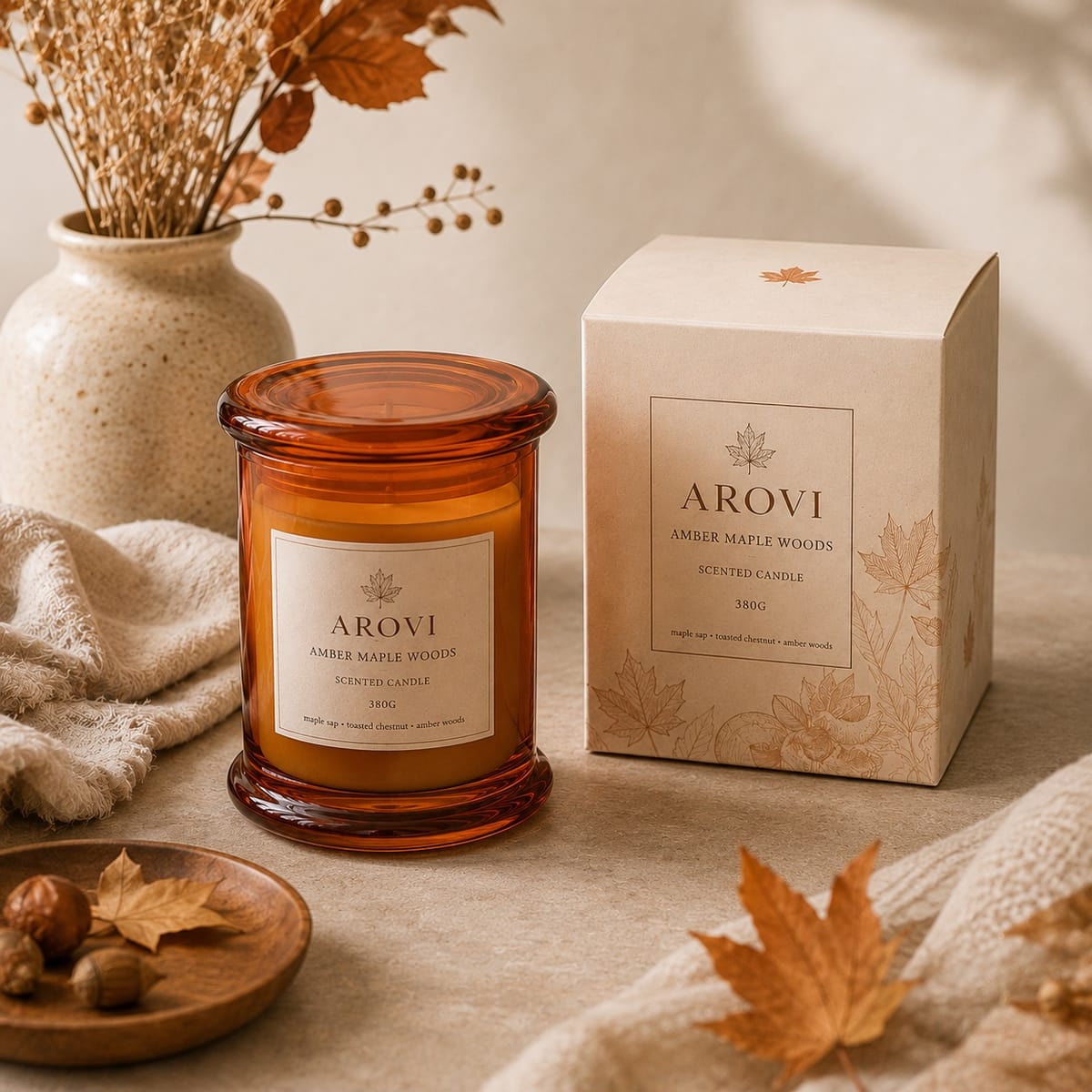 Amber Maple Glass Scented Candle, 380g with matching glass lid and illustrated gift box