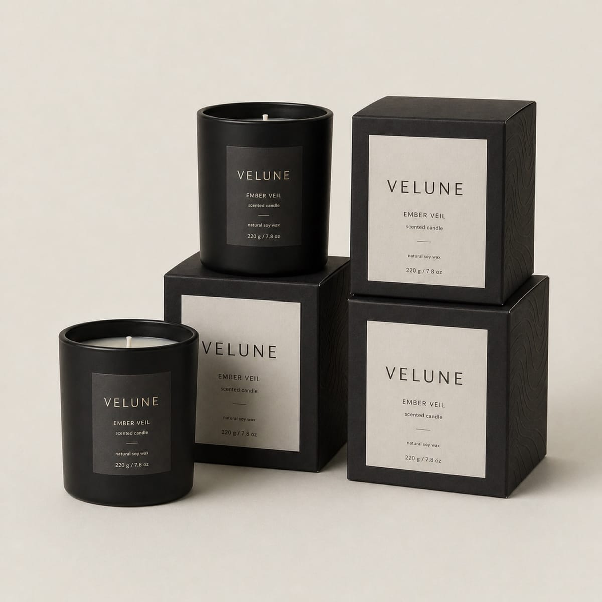 Black matte candles displayed with black cartons