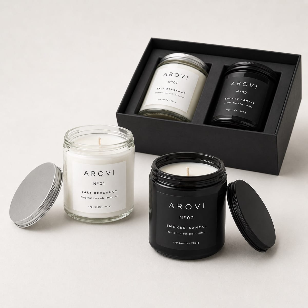 Black and white 200g scented candles displayed with a two-piece gift box