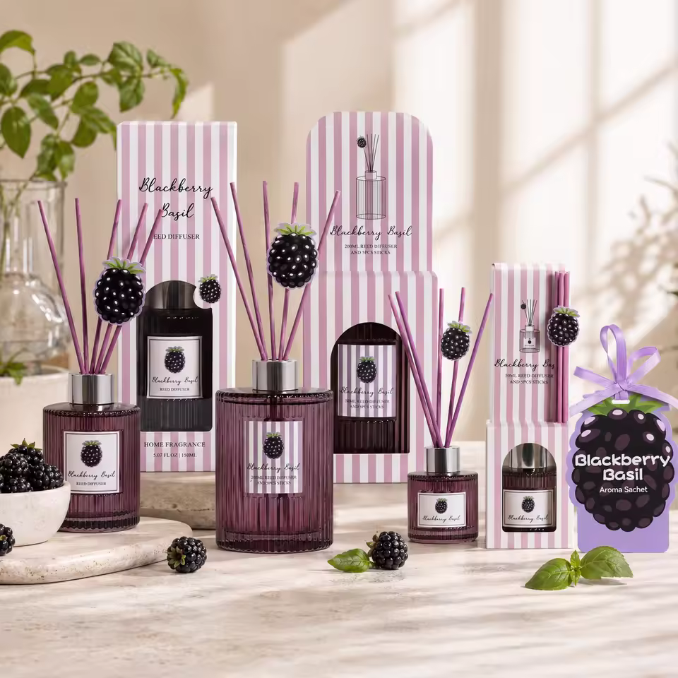 Blackberry basil home-fragrance collection with 50ml, 150ml and 200ml reed diffusers, scented-paper air freshener, and coordinated packaging