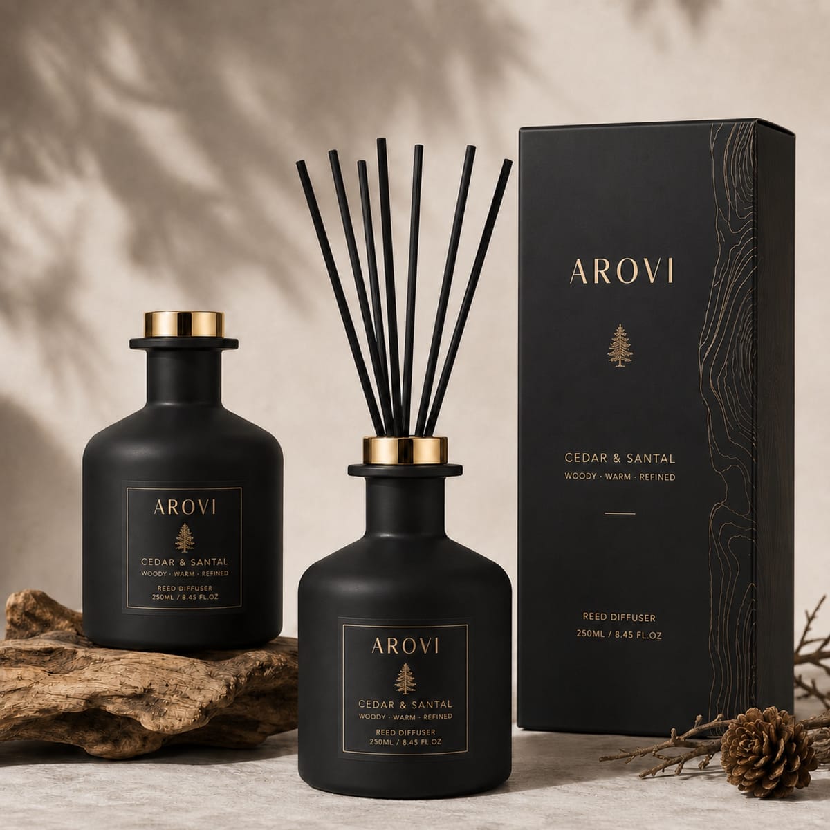 Matte black Cedar and Santal diffusers with box