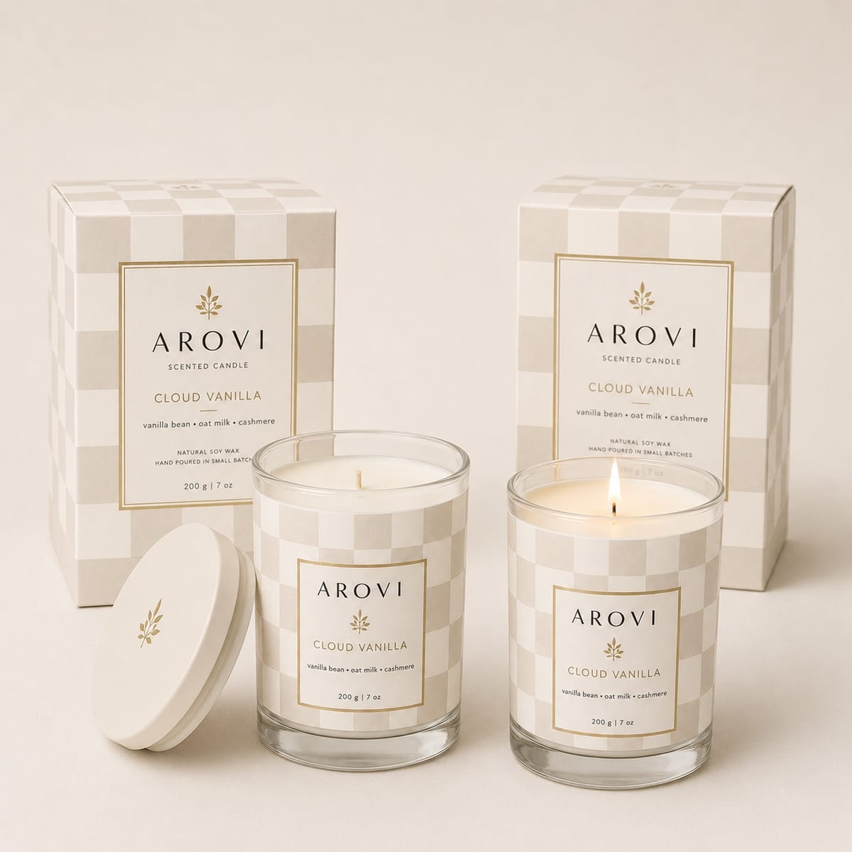 Neutral checkerboard scented candle collection with coordinated glass vessels, lids, and boxes