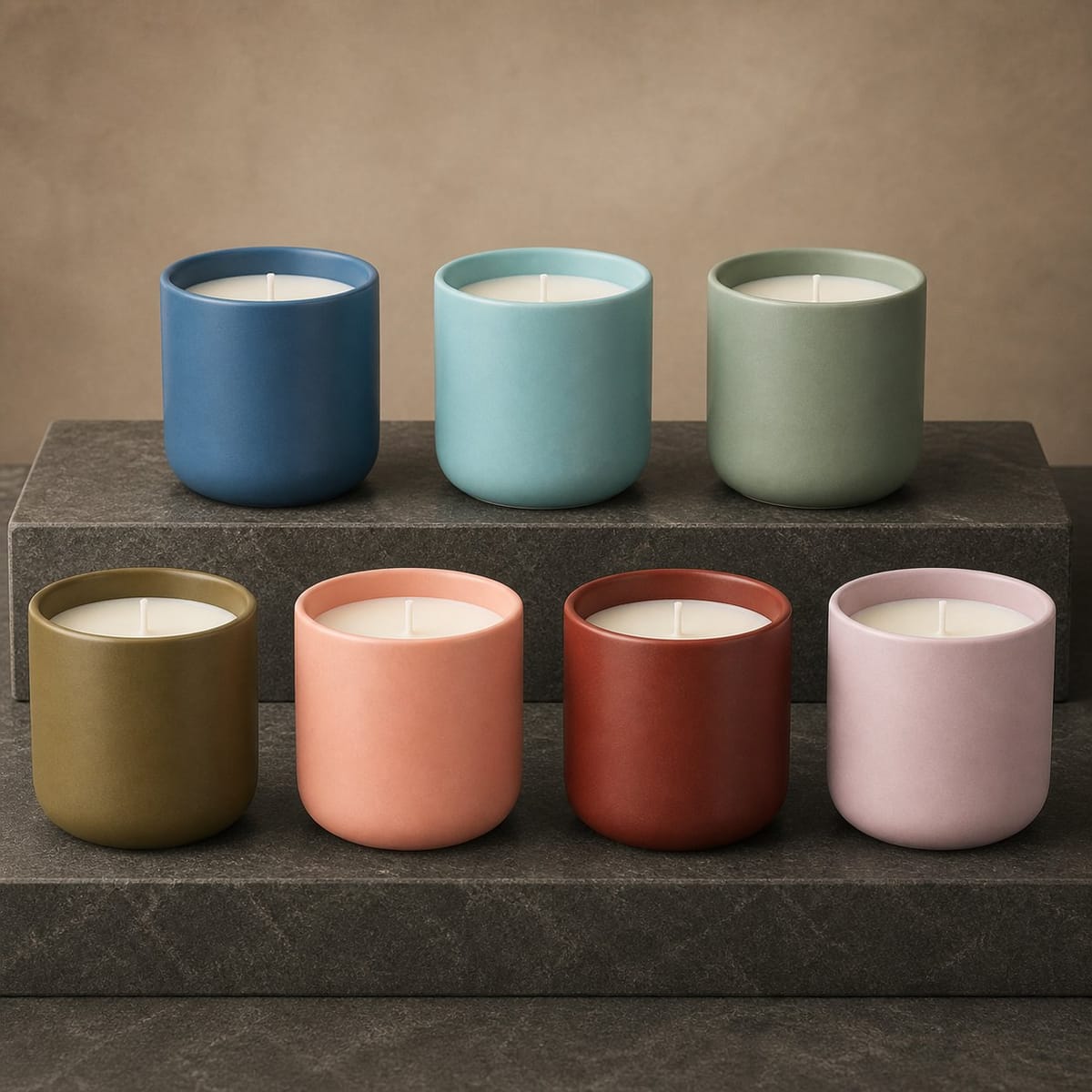 Muted blue, green, olive, coral, burgundy, and lavender ceramic candles