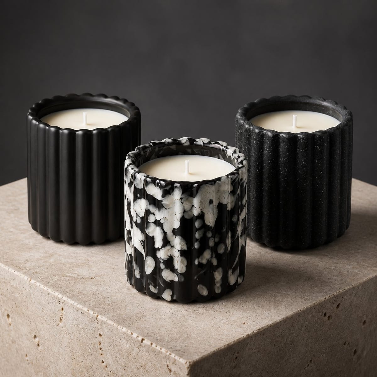 Smooth black, textured black, and black-and-white fluted ceramic candles
