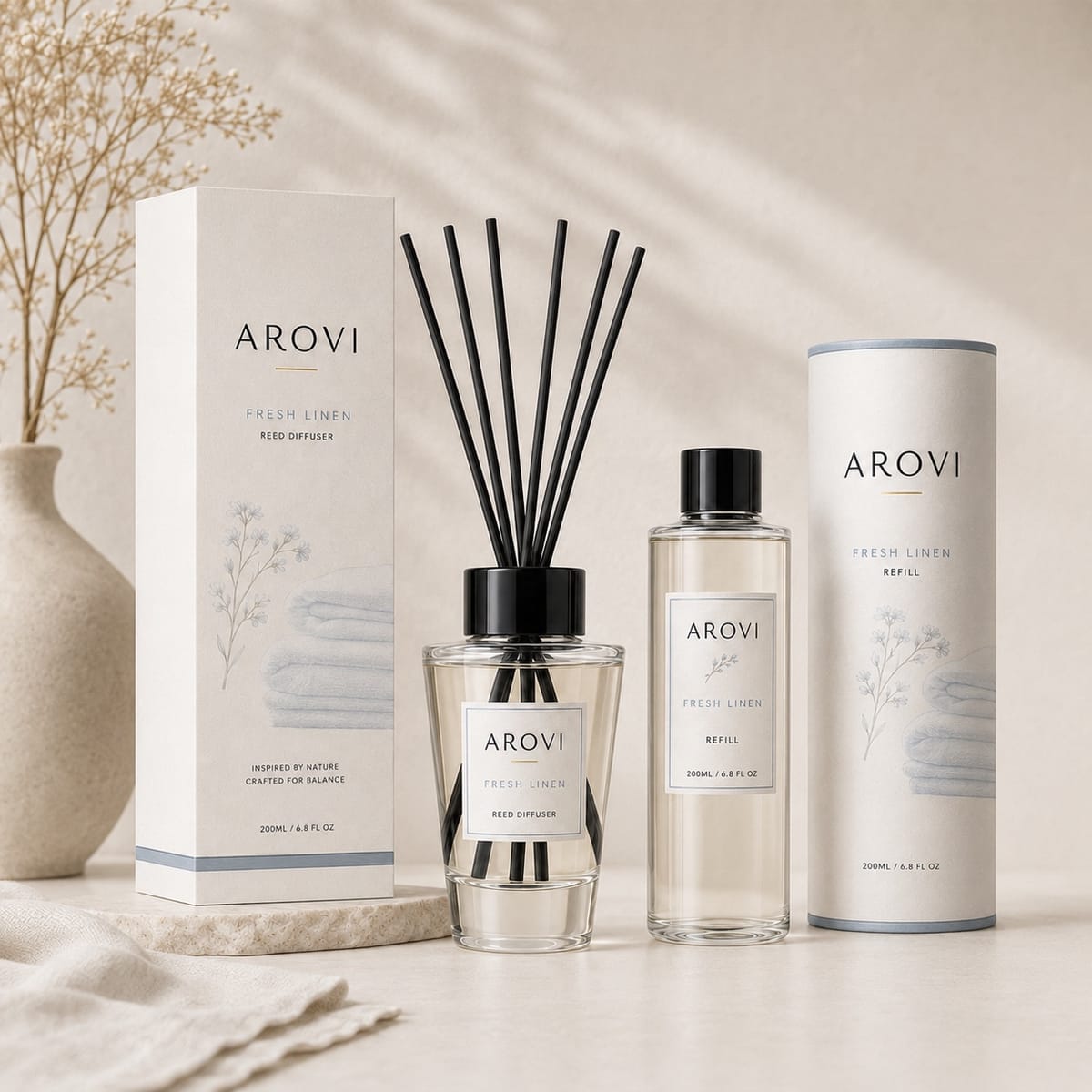 Clear inverted-cone reed diffuser with black reeds, 200ml refill bottle, and coordinated packaging