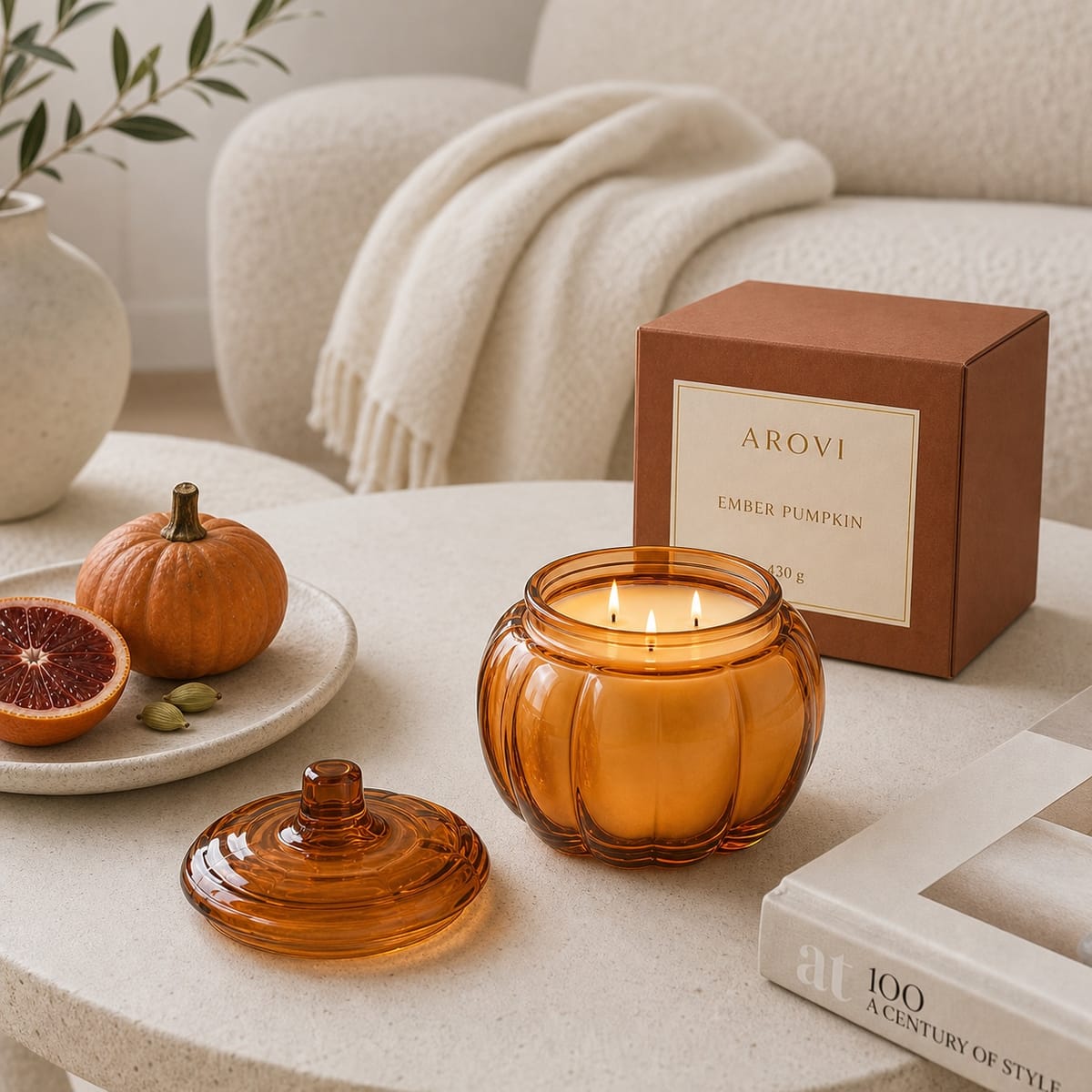 Ember Pumpkin Amber Glass Candle, 430g with three wicks, matching lid, and gift box
