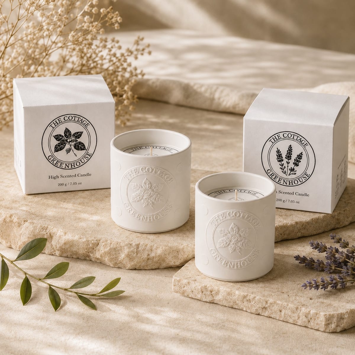 Embossed White Scented Candle, 200g product presentation