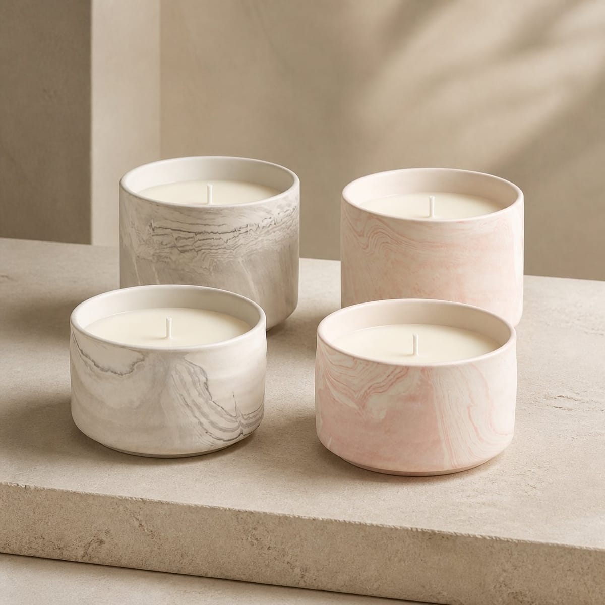 Low-profile grey and blush marbled ceramic candles in cylindrical forms
