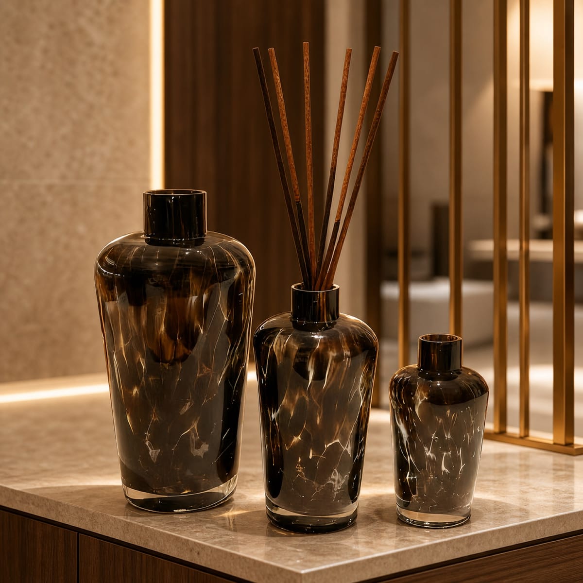 Smoky marbled glass reed diffuser vessels in graduated sizes