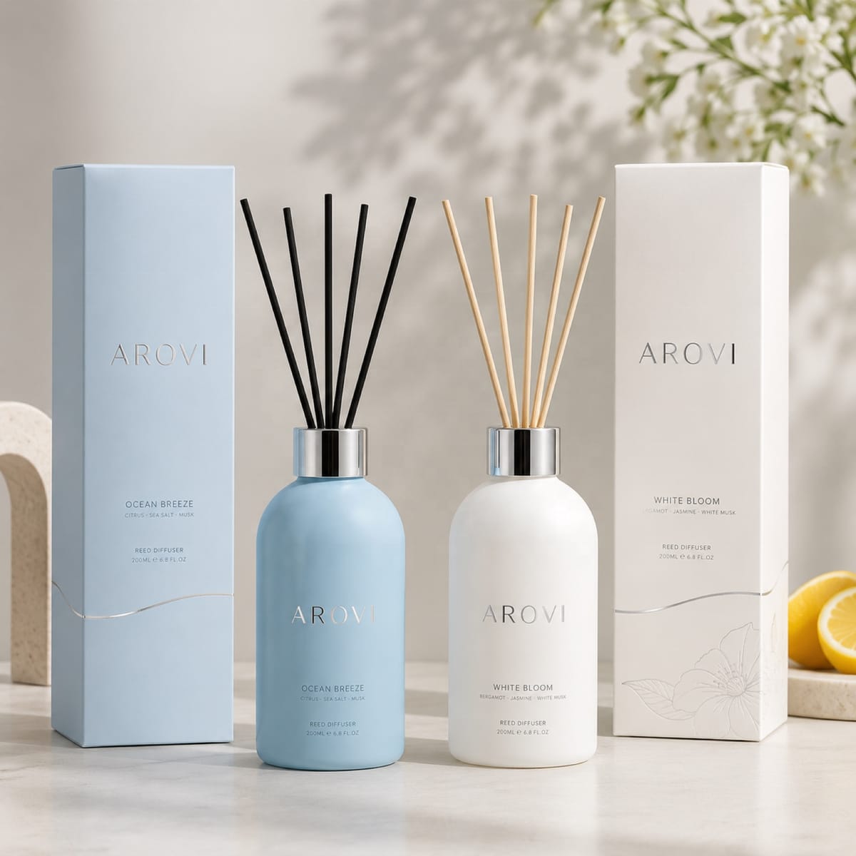Blue and white matte reed diffusers with boxes