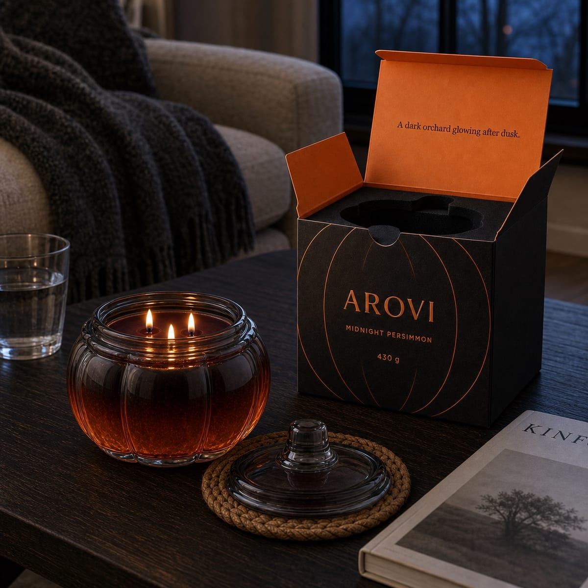 Midnight Persimmon Pumpkin Glass Candle, 430g with three wicks, matching lid, and fitted gift box