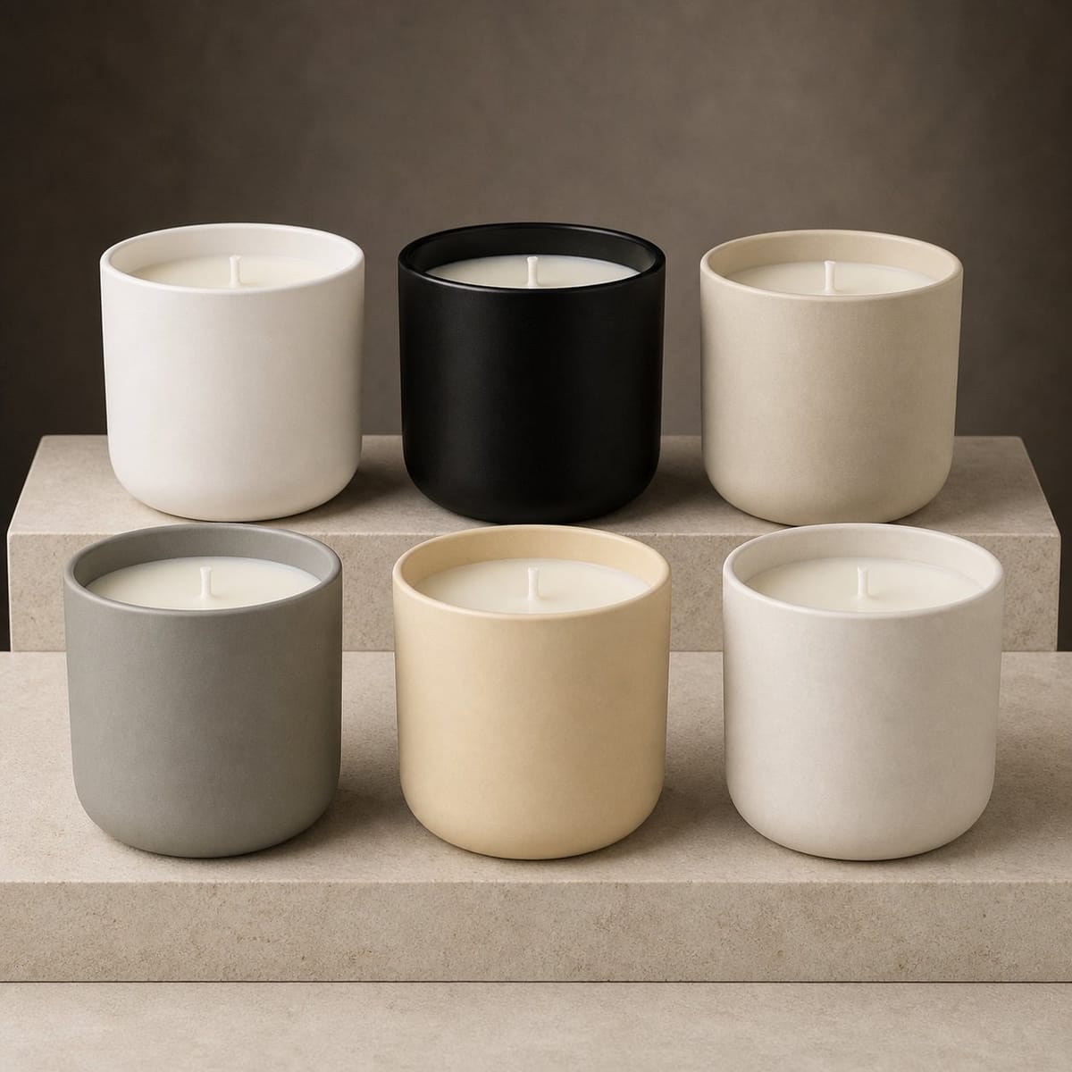 Neutral matte ceramic candles shown in large and small cylindrical vessels