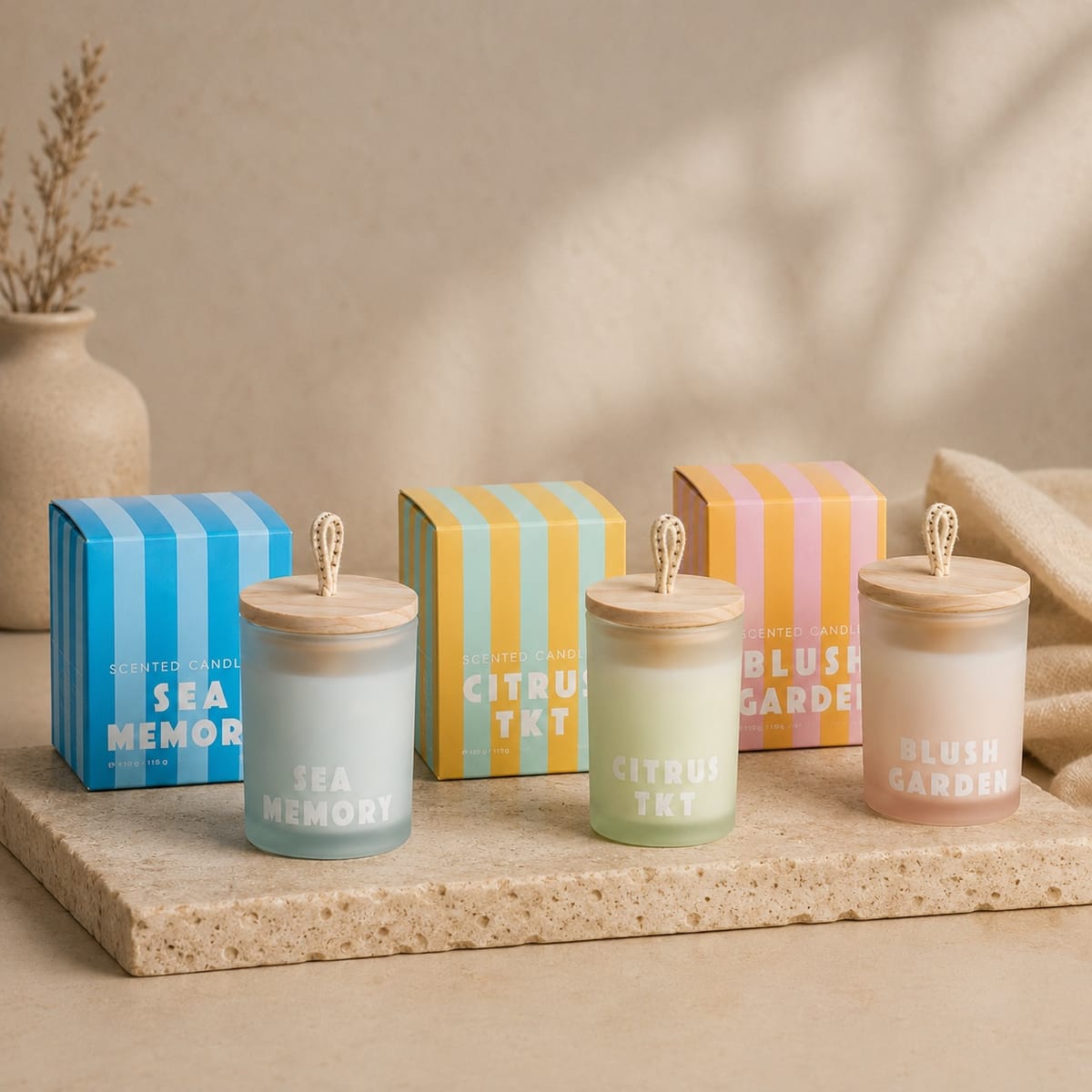 Pastel Striped Glass Scented Candle, 150g product presentation