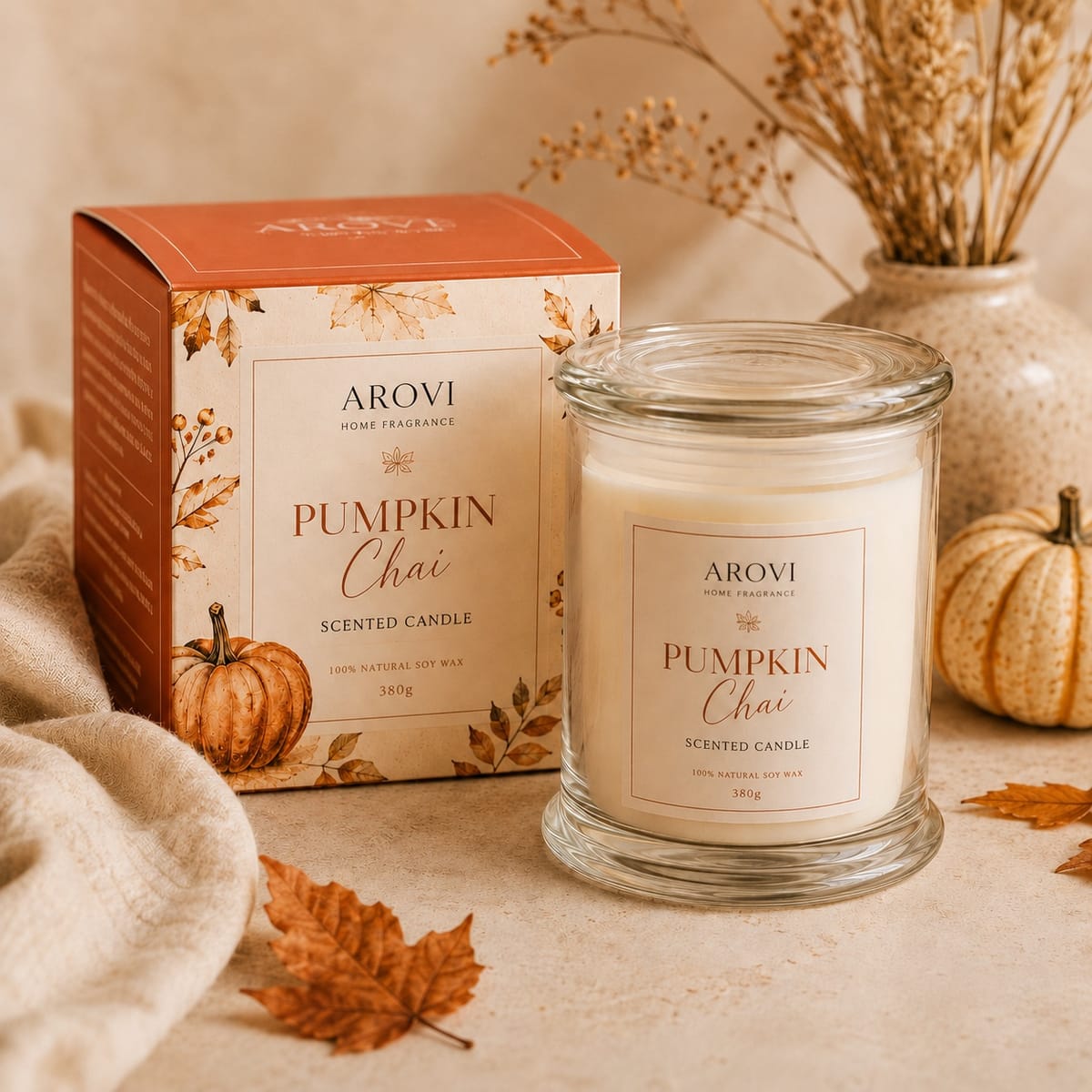 Pumpkin Chai Glass Scented Candle, 380g with clear glass lid and illustrated gift box