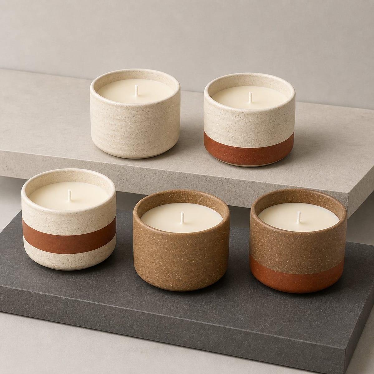 Five short matte ceramic candles in ivory and brown surface designs