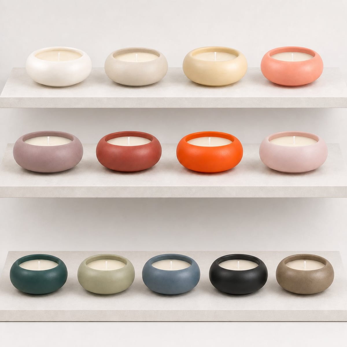 Thirteen single-ring ceramic candles arranged by color