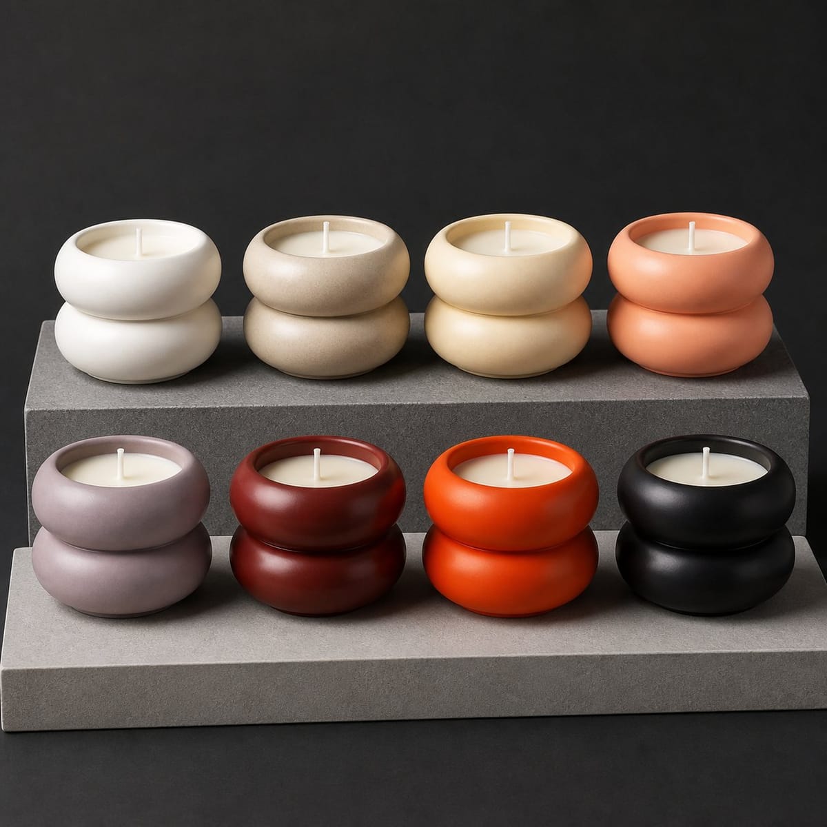 Two-ring ceramic candles arranged in coordinated colors
