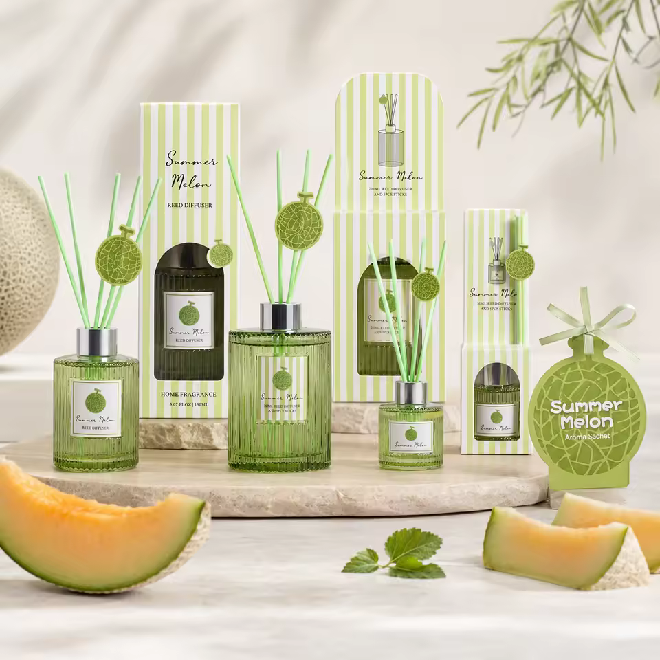 Summer melon home-fragrance collection with 50ml, 150ml and 200ml reed diffusers, scented-paper air freshener, and coordinated packaging