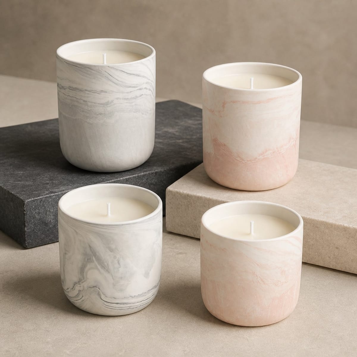 Grey and blush tall marbled ceramic candles in straight cylindrical forms