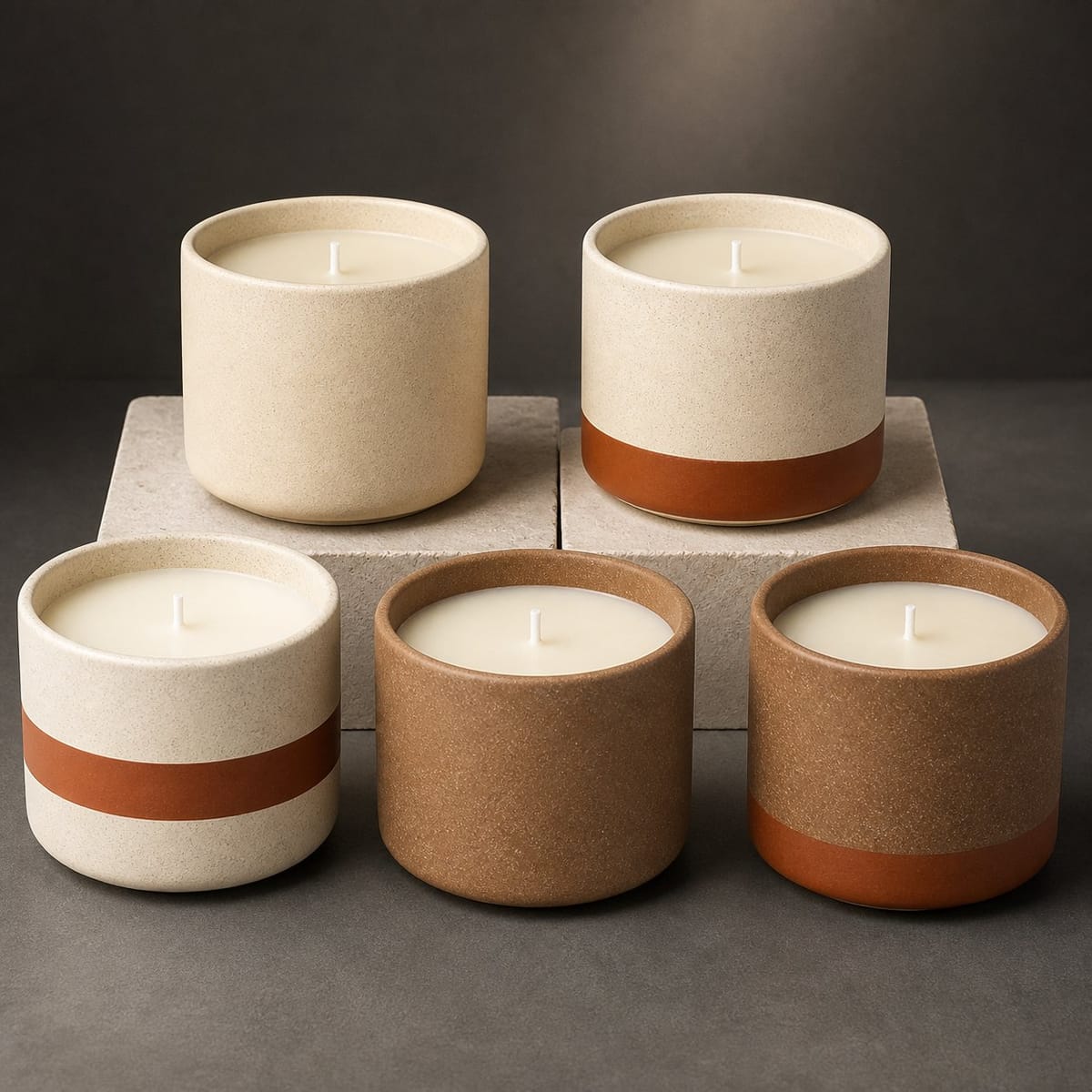 Five tall matte ceramic candles in ivory and brown surface designs