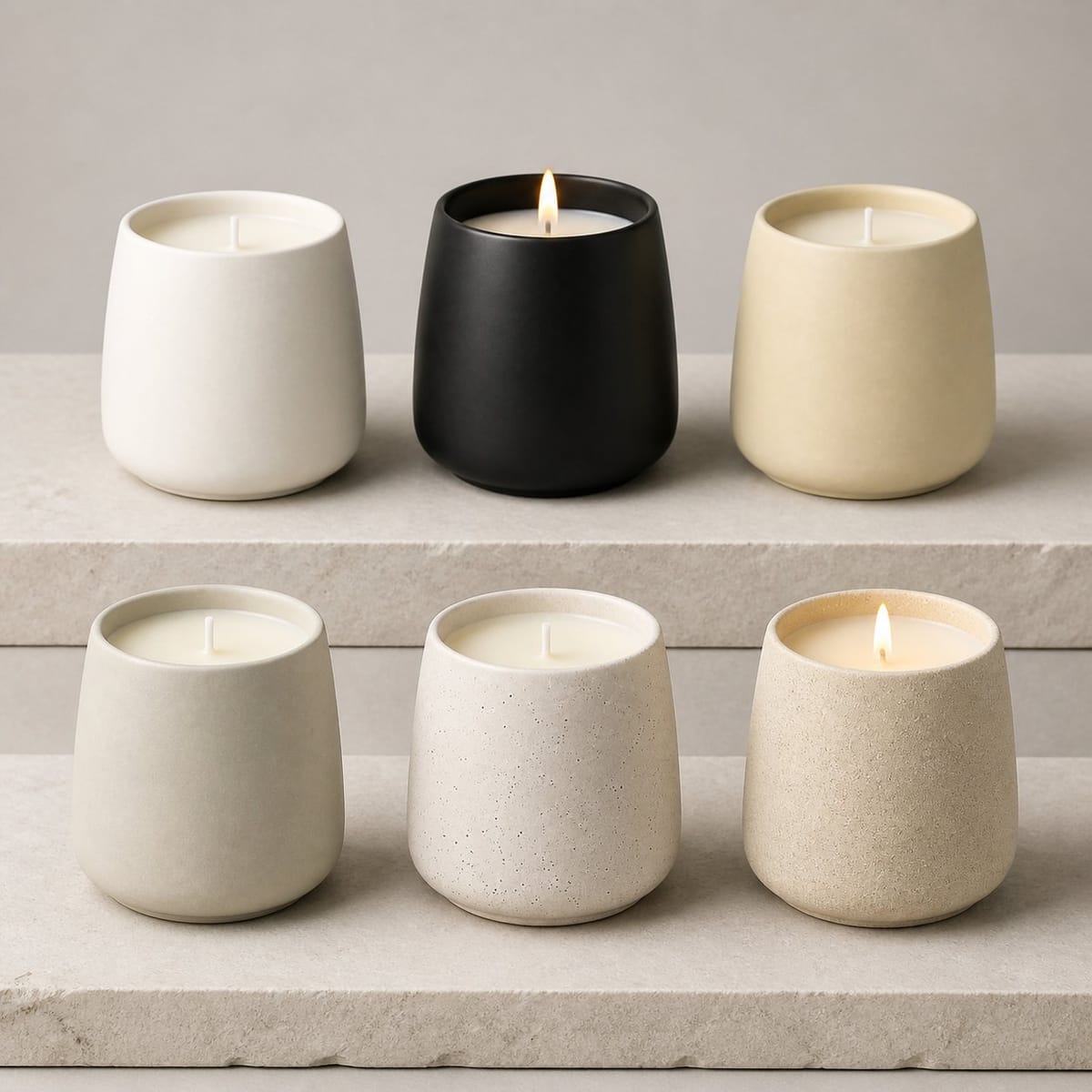 Six tapered ceramic candles in smooth and speckled neutral finishes