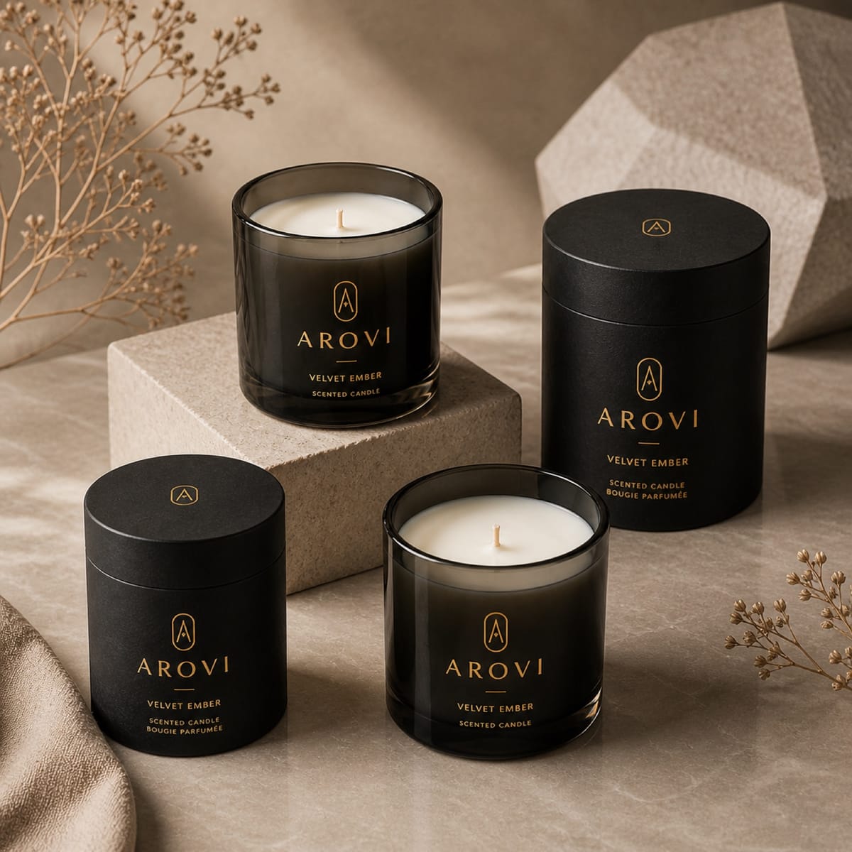 Black glass candles with matching round cartons