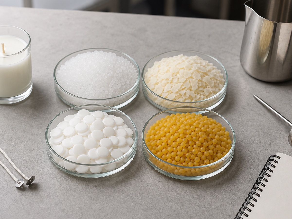 Four candle wax samples arranged for comparison with candle-development tools