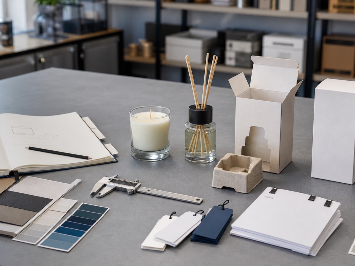 Product brief, material samples, prototypes, packaging, and finished units on a development worktable