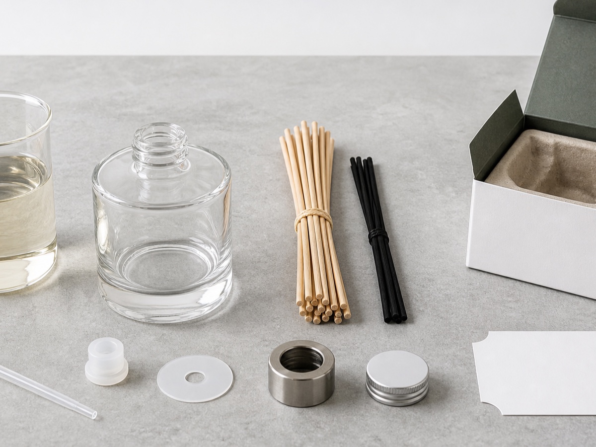 Reed diffuser vessel, liquid, reeds, closures, label, and protective packaging arranged by component