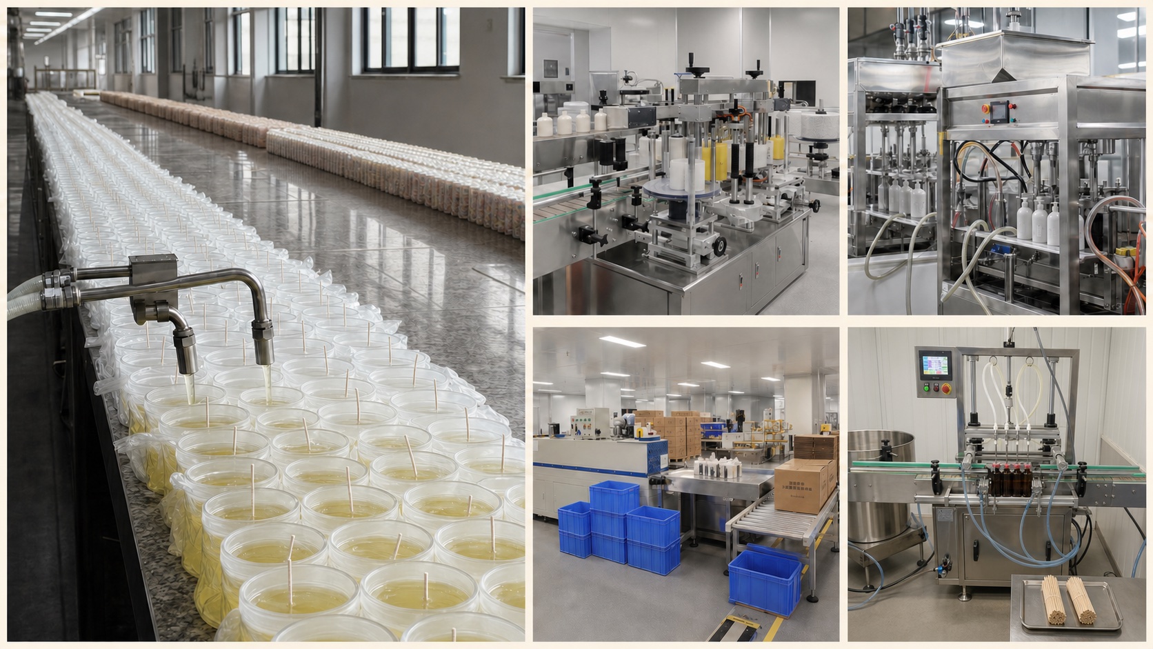 Arovi manufacturing capability across candle pouring, labeling, liquid filling, packing, and reed diffuser production